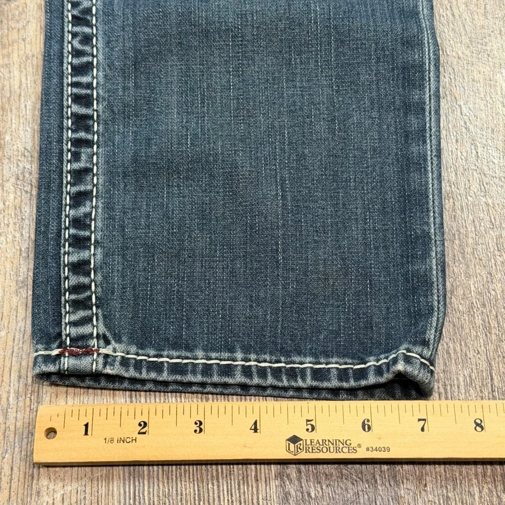 True Religion Slim Flap Pocket Big T Burgundy Stitch Jeans Mens 34x34 Blue Denim
